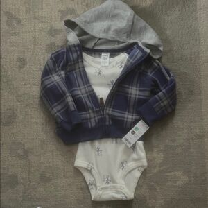 Carter's Navy and Gray Plaid Hooded Jacket with White Print Onesie